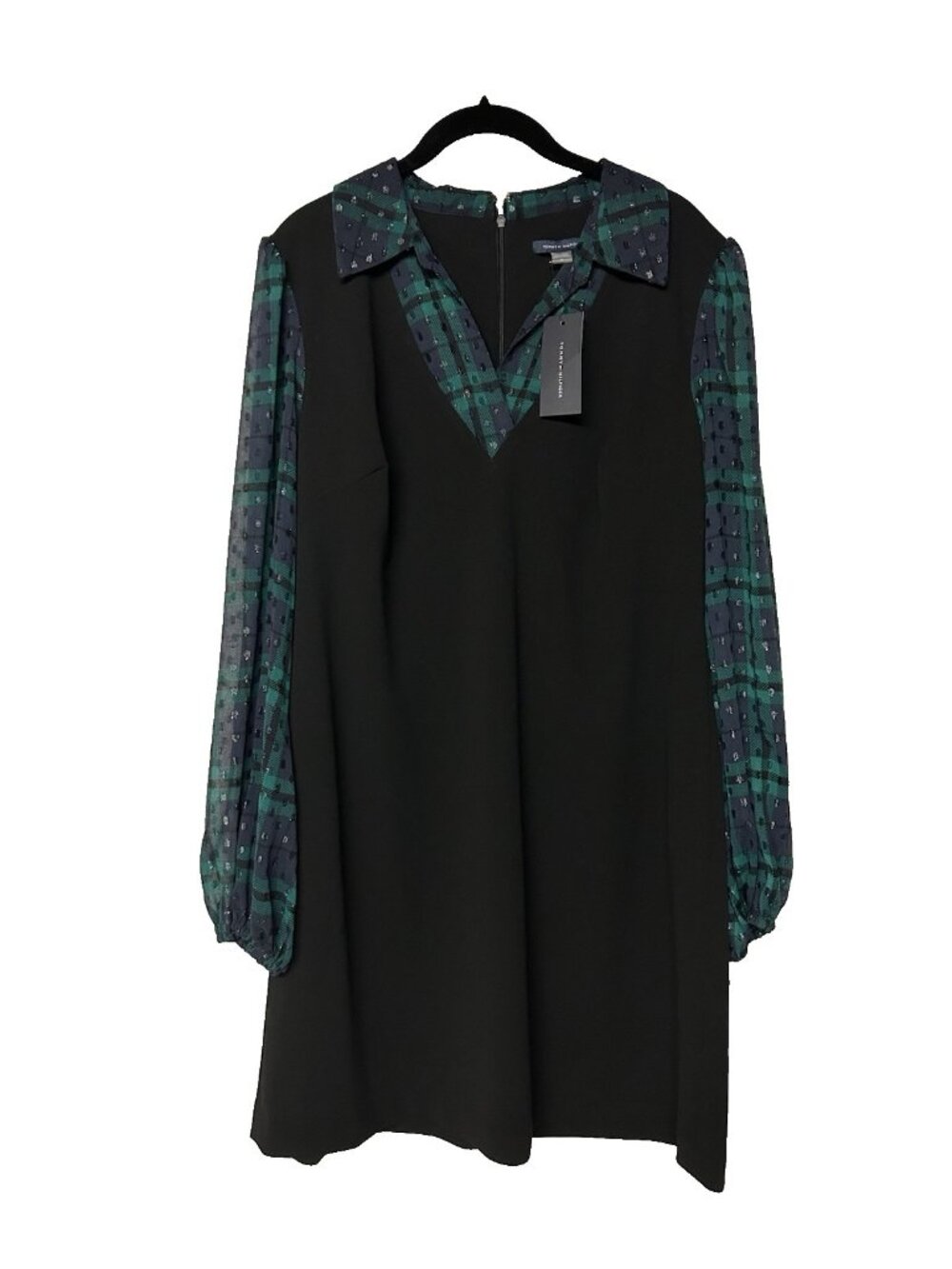 Tommy Hilfiger Dress Women’s M Collared V Neck Black Green Plaid Sleeves NWT